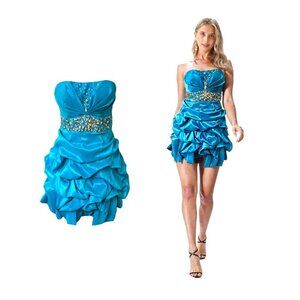 TEAL AQUA BLUE MERMAID RHINESTONE RUCHED  STRAPLESS PARTY MINI DRESS LARGE EUC